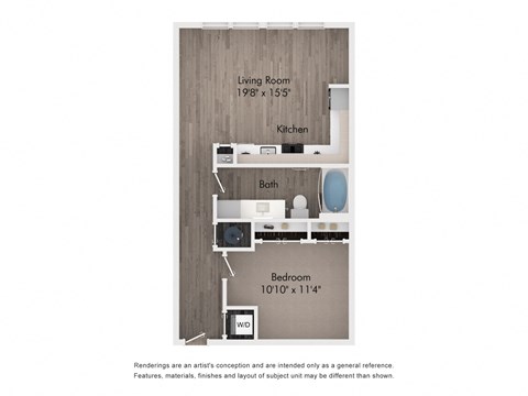 Floor plan for 1 bed, 1 bath, 690 sqft